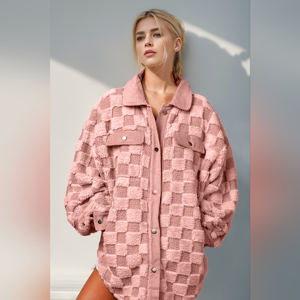 Double Take Button Up Fuzzy Checkered Shacket